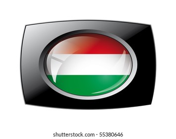 Hungary shiny button flag with black frame -  vector illustration. Isolated abstract object against white background.