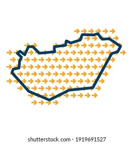 Hungary simple outline map with yellow direction guide arrows.