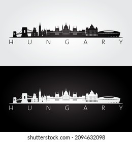 Hungary skyline and landmarks silhouette, black and white design, vector illustration.
