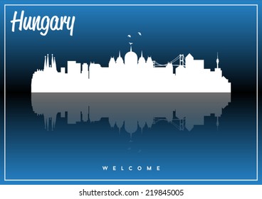 Hungary skyline silhouette vector design on parliament blue background.