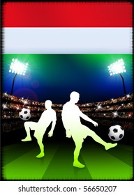 Hungary Soccer Player with Flag on Stadium Background Original Illustration