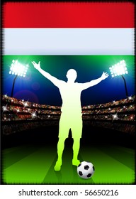Hungary Soccer Player with Flag on Stadium Background Original Illustration