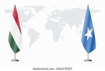 Hungary and Somalia flags for official meeting against background of world map.