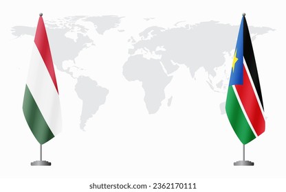 Hungary and South Sudan flags for official meeting against background of world map.