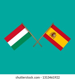 Hungary and Spain crossed flags.Language learning or travel concept.