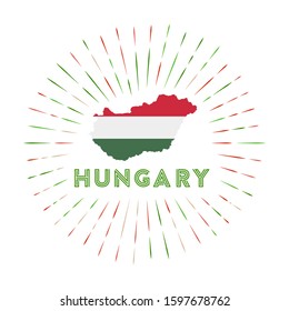 Hungary sunburst badge. The country sign with map of Hungary with Hungarian flag. Colorful rays around the logo. Vector illustration.