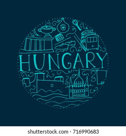 Hungary symbols on a dark blue background. Hand drawn round illustration. 