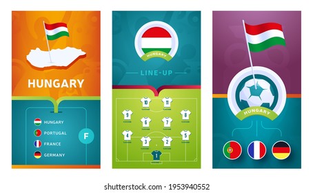 hungary team European 2020 football vertical banner set for social media. euro 2020 Hungary group F banner with isometric map, pin flag, match schedule and line-up on soccer field