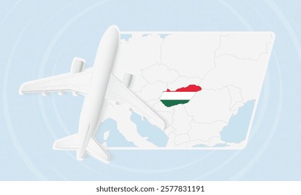 Hungary Travel Illustration with Plane and National Flag. Ideal for travel agencies, promotional materials, or geographic content related to Hungary.