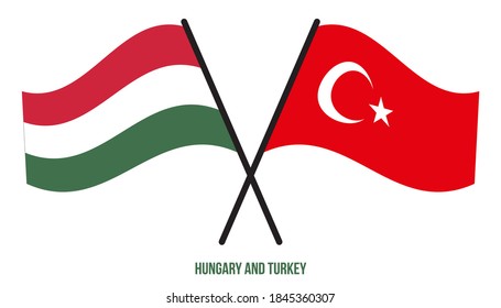 Hungary and Turkey Flags Crossed And Waving Flat Style. Official Proportion. Correct Colors.