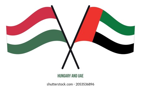 Hungary and UAE Flags Crossed And Waving Flat Style. Official Proportion. Correct Colors.