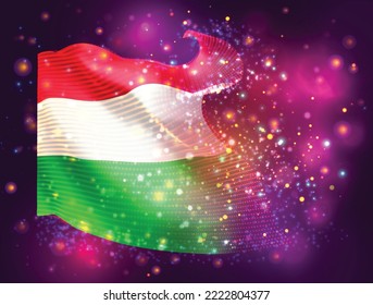 Hungary, vector 3d flag on pink purple background with lighting and flares