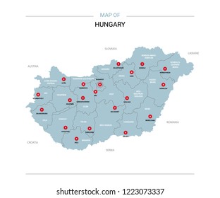 Hungary vector map. Editable template with regions, cities, red pins and blue surface on white background.