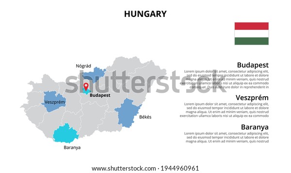 Hungary vector map infographic template\
divided by countries. Slide\
presentation.