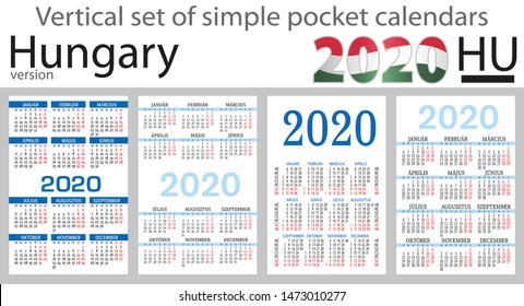 Conjunto vertical de calendarios de bolsillo de Hungría para 2020 (Dos mil diecinueve).  La semana empieza el lunes. Año nuevo. Diseño sencillo en color. Vector