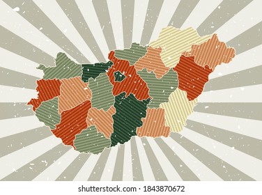 Hungary vintage map. Grunge poster with map of the country in retro color palette. Shape of Hungary with sunburst rays background. Vector illustration.