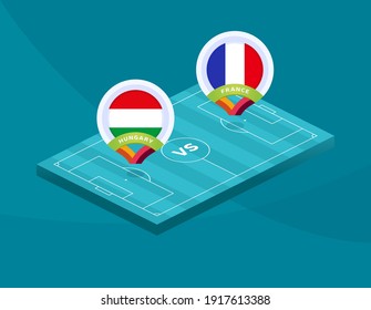 Partido Hungría vs Francia. Partido del campeonato de fútbol 2020 frente a equipos de fondo deportivo intro, póster final del concurso de campeonato, ilustración vectorial de estilo plano.