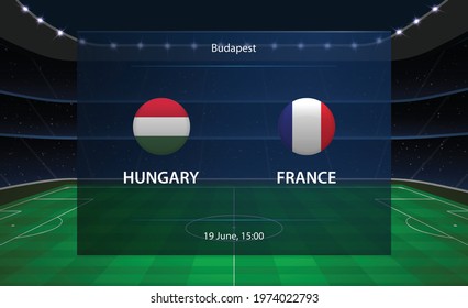 Hungary vs France football scoreboard. Broadcast graphic soccer template