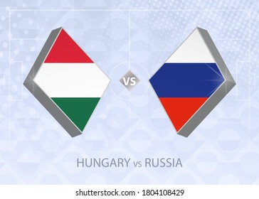 Hungary vs Russia, League B, Group 3. European Football Competition on blue soccer background.