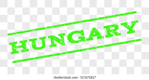 Hungary watermark stamp. Text tag between parallel lines with grunge design style. Rubber seal stamp with unclean texture. Vector light green color ink imprint on a chess transparent background.