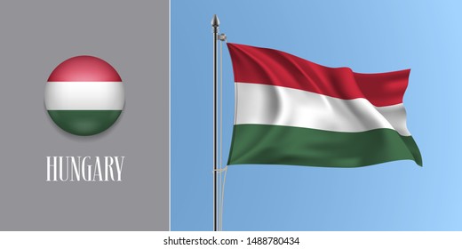Hungary waving flag on flagpole and round icon vector illustration. Realistic 3d mockup with design of Hungarian flag and circle button 