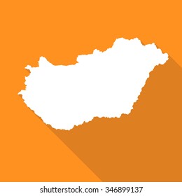 Hungary white map,border flat simple style with long shadow on orange background