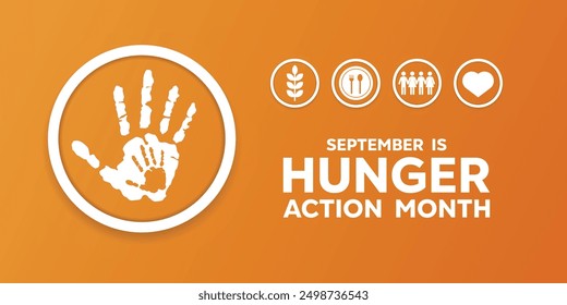 Hunger Action Month. Hand, wheat, plate, fork, spoon, people and heart. Great for cards, banners, posters, social media and more. Orange background.