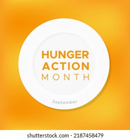 Hunger Action month. September. Empty white plate with text. Orange blurred background. Vector illustration, flat design