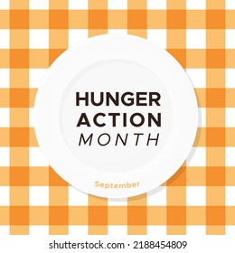 Hunger Action month. September. Empty white plate with text. Orange gingham. Vector illustration, flat design