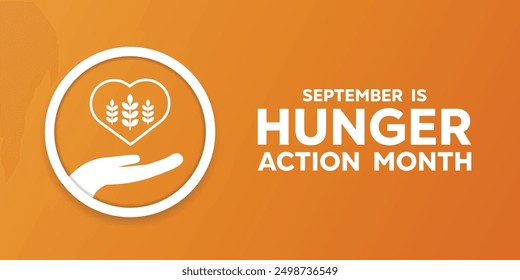 Hunger Action Month. Wheat, hand and heart. Great for cards, banners, posters, social media and more. Orange background.