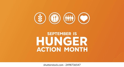 Hunger Action Month. Wheat, plate, fork, spoon, people and heart. Great for cards, banners, posters, social media and more. Orange background.