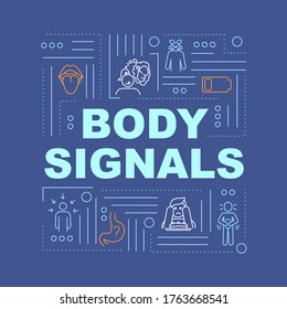 Hunger body signals word concepts banner. Appetite sense and digestive upset. Infographics with linear icons on blue background. Isolated typography. Vector outline RGB color illustration