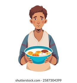 Hunger character holding a bowl illustration in flat style 
