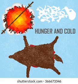 Hunger and Cold card about Ice Age, hunting to get an eat in hard winter time. Flat style illustration.