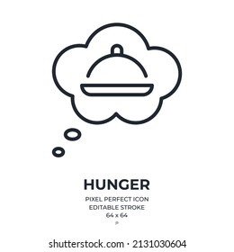 Hunger-Konzept bearbeitbaren Strich-Umriss-Symbol einzeln auf weißem Hintergrund, flache Vektorgrafik. Pixel perfekt. 64 x 64.