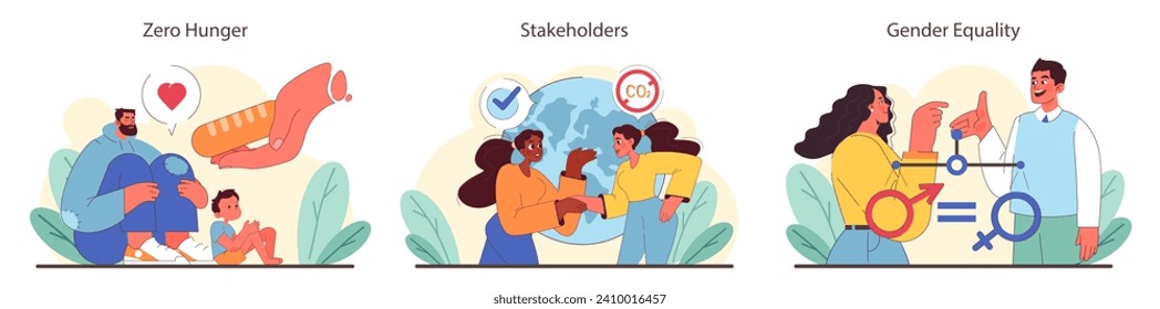 Hunger eradication, collaborative engagement, and gender balance set. Nourishing the young, uniting for climate action, advocating for equality. Harmonious society goals. Flat vector illustration.