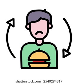 Hunger filled design editable outline icon. Fast food vector with a man avart and burger.