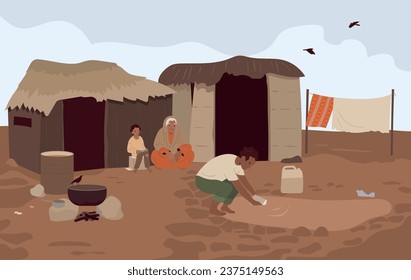 Hunger and food crisis background with poverty symbols flat vector illustration