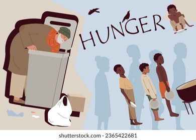 Hunger and food crisis collage with poverty symbols flat vector illustration