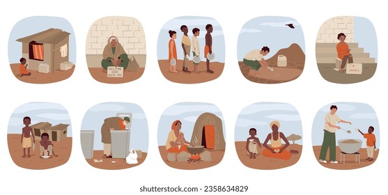 Hunger food crisis flat set of poor people suffering from lack of nutrition and clean water isolated vector illustration