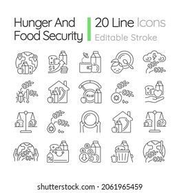 Hunger and food security linear icons set. Poverty and starvation. Food justice volunteer organizations. Customizable thin line contour symbols. Isolated vector outline illustrations. Editable stroke