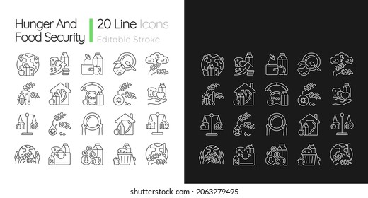 Hunger and food security linear icons set for dark and light mode. Poverty and starvation. Harvest loss. Customizable thin line symbols. Isolated vector outline illustrations. Editable stroke