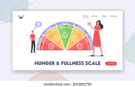 Hunger and Fullness Scale Landing Page Template. Characters Chart Starving, Ravenous, Growling, Hungry. Neutral, Satisfied, Full, Stuffed, Bloated, Nauseous Stages. Cartoon People Vector Illustration