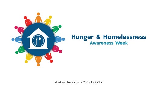 Hunger and Homelessness Awareness Week. House, plate, fork, spoon and people. Great for cards, banners, posters, social media and more. White background.