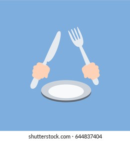 hunger or hungry waiting for clean simple meal, dinner, Lunch or breakfast. no food on the plate. Hands holding fork & knife or flat design modern cartoon flatware & cutlery on empty plate isolated. 