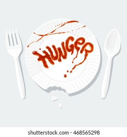 Hunger logo. Ketchup lettering on a paper plate with a plastic fork and spoon. Edge of the plate is bitten, has trace of a teeth. Conceptual metaphor alludes to poor eatery service or to moody client.