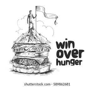 Hunger man climber with flag conquering top of mountain. Hand Drawn Vector Background.