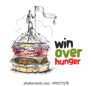 Hunger man climber with flag conquering top of mountain. Hand Drawn Vector Background.