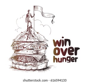 Hunger man climber with flag conquering top of mountain. Hand Drawn Vector Background.