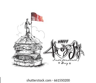 Hunger man climber with Usa flag conquering top of mountain - 4th July. Hand Drawn Vector Background.